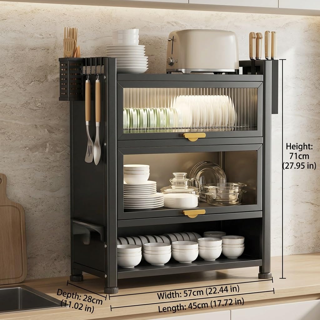Escurridor de Platos con Puertas, Organizador de Cocina con Cajón | Acero al Carbono, Diseño a Prueba de Polvo, Organizador de Encimera, Gran Capacidad(Wit,57cm/22.4in)