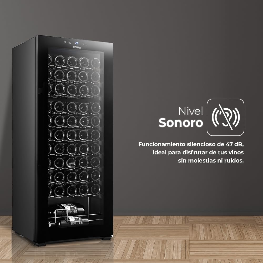 SVAN Vinoteca 55 Botellas Negro SVN5500S. 85W, Display LED táctil, Pantalla Digital Exterior, 10 Baldas de Madera, 1 Rejillas Metálicas, Clase de Eficiencia Enérgetica G