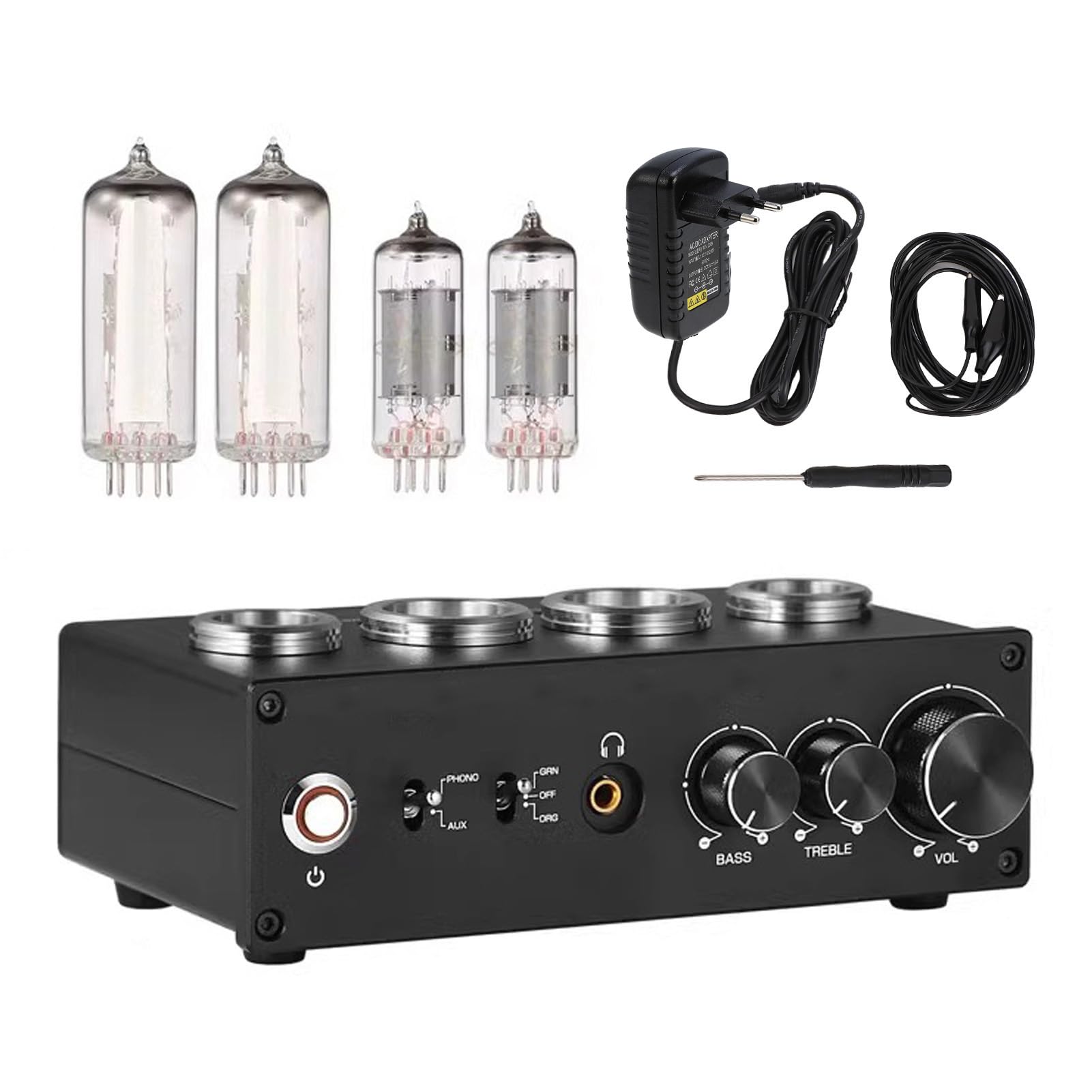 Preamplificatore Valvolare Preamplificatore Fono con Tubi 6E2 6A2 Mm MC Phono Ingresso AV Controllo Bassi Alti Jack per Cuffie da 3,5 Mm per Giradischi (Spina UE 100‑240 V)