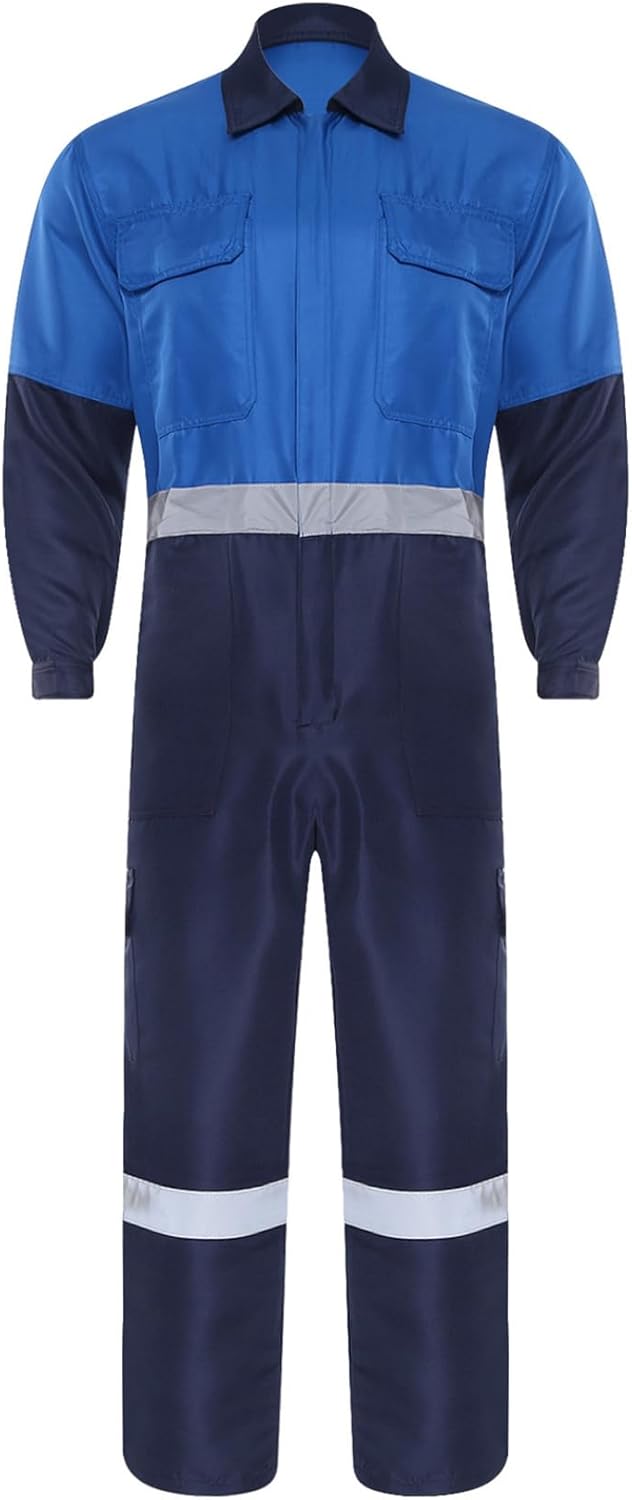 Men's Front Zipper Overalls Jumpsuit Long Sleeve Multi-pocket Reflective Workwear Full Coverall