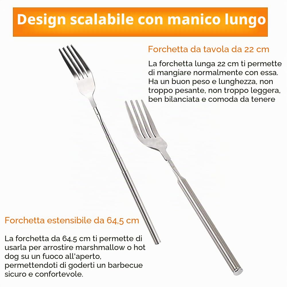 Forchetta telescopico, forchetta estensibile, posate a forchette, forchetta da barbecue lunga, forchette da cucina lunga in acciaio inox per cena dessert alla frutta (22,1-64,6 cm)