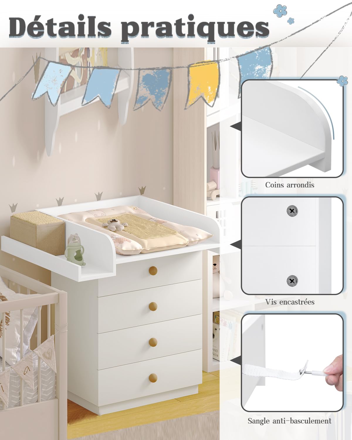 WOLTU Plan à langer pour machine à laver ou sèche-linge, table à langer bébé avec rebord de protection et étagère de rangement, 80 x 70 x 16,5 cm, blanc