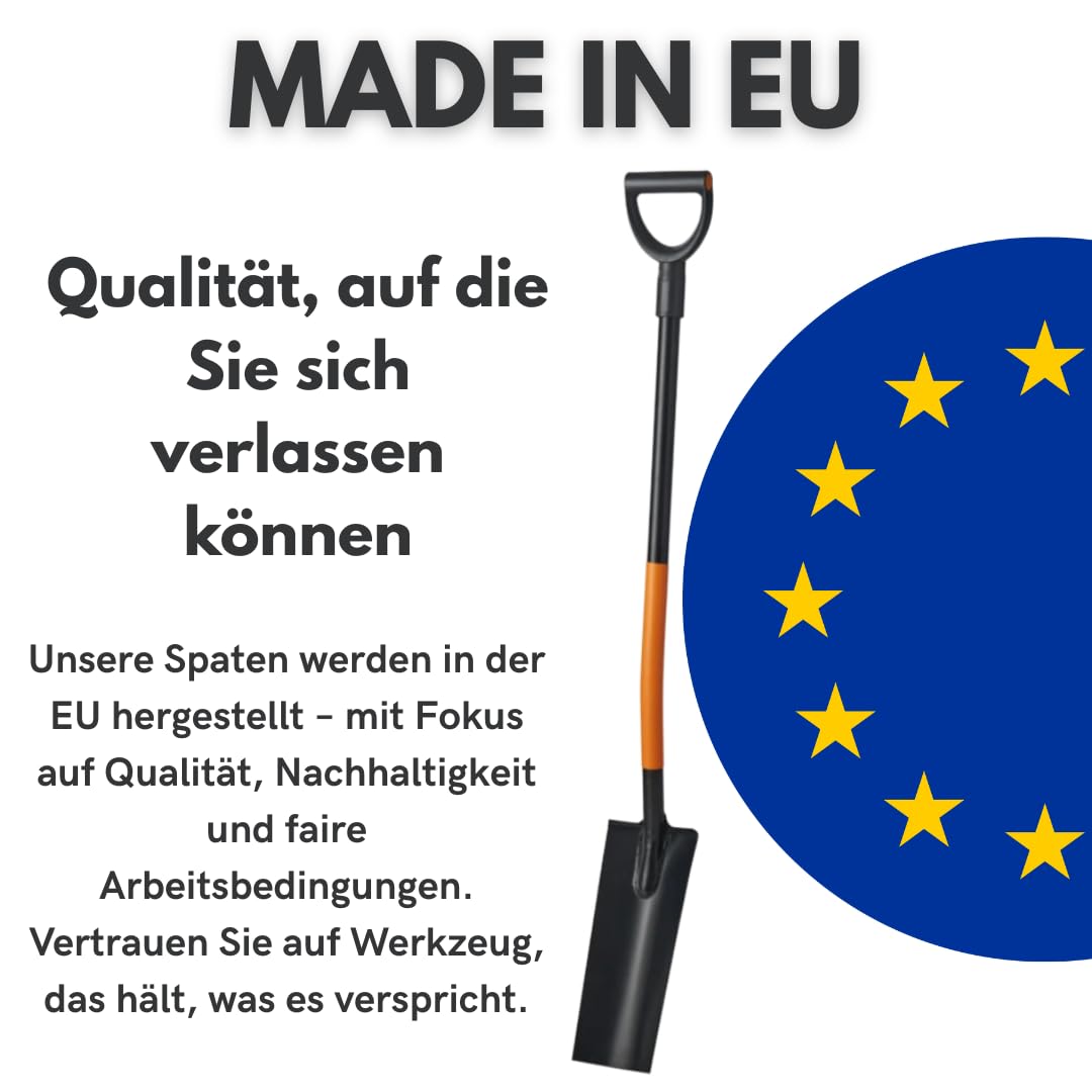 125cm Drainagespaten Spaten mit Metallstiel & Anti-Rutsch-Griff – Kanalspaten Kabelspaten– Für Garten, BAU & präzise Erdarbeiten, Hergestellt in EU