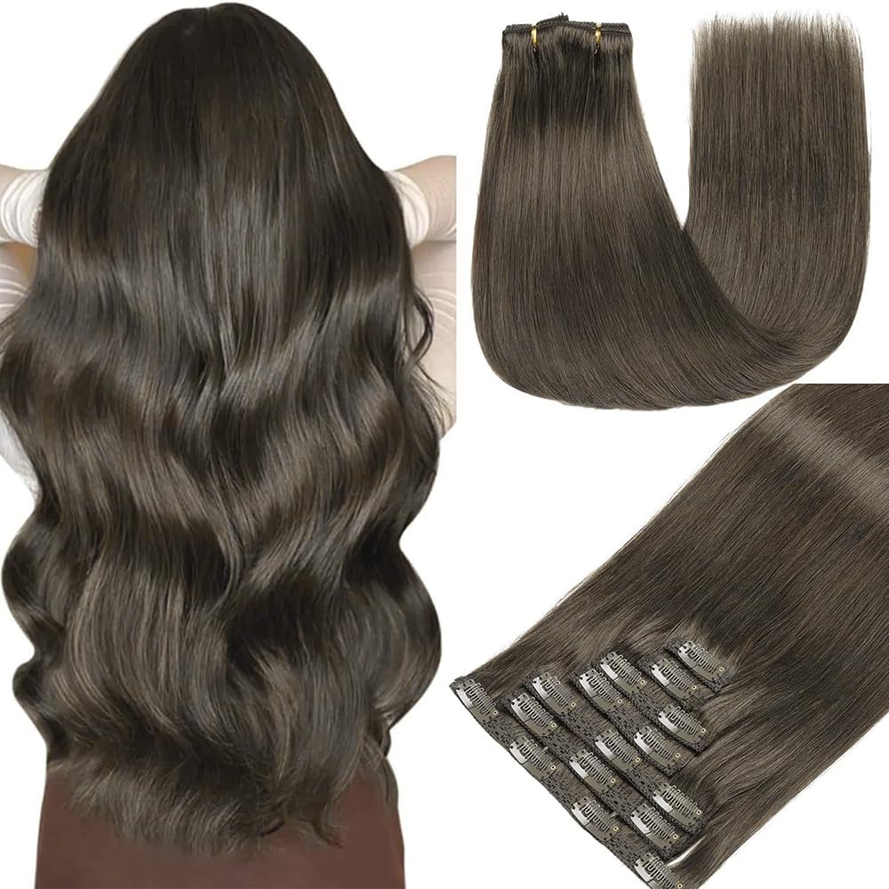 Extension cheveux naturel clip Extension cheveux clip Châtain chocolat 7pcs 45cm 120g Clips cheveux naturels invisibles volume féminin