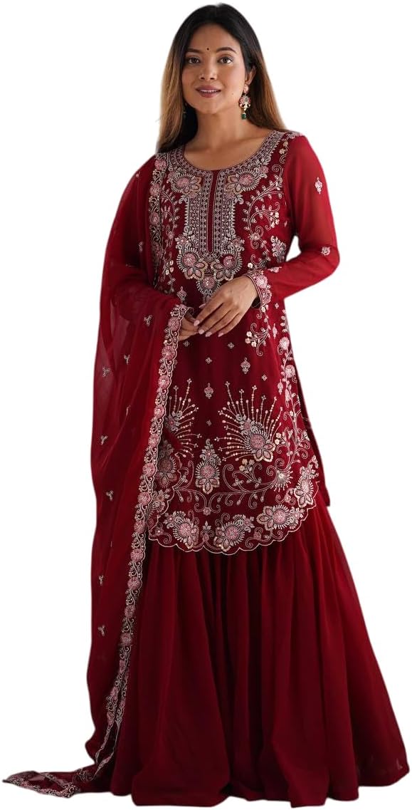 Women's Faux Georgette Sequins & Thread Work Straight Kurta With Sharara Suit and Dupatta Set