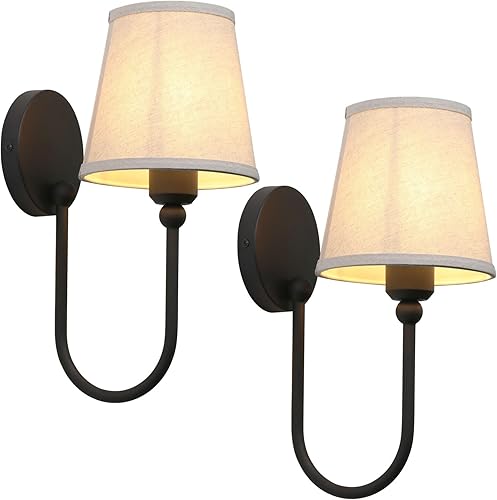 Miniatura 10 de Pathson Antique Linen Fabric Wall Sconces Set of 2, Hardwired Curved Arm Bathroom Vanity Light, Indoor Wall Decor Lamp for Living Room, Kitchen,