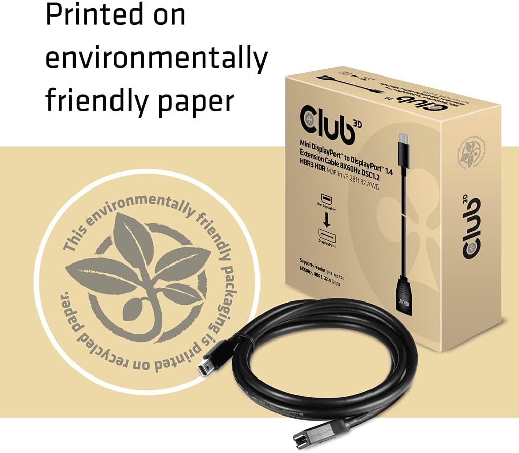 Club 3D Mini DisplayPortTM to DisplayPortTM 1.4 Extension Cable 8K60Hz DSC1.2 HBR3 HDR M/B. 1 Metre 32AWG