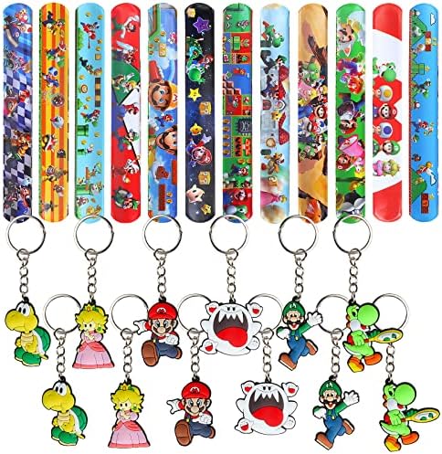 OGHOBLYE 108PCS Mario Party Favor Supplies -Reable Drinking Straws Masks&Slap Bracelets Candy Bags&Mario Stickers Gifts For Kids Birthday Mario Themed Party Favors Birthday Decorations