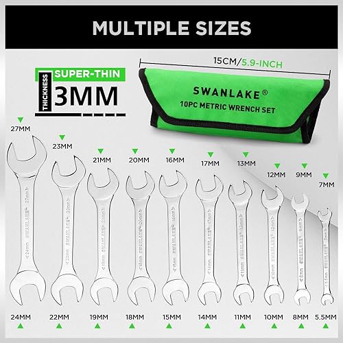 Miniatura 2 de SWANLAKE - Juego de 19 llaves de extremo abierto superfinas con bolsa rodante, acero al carbono SAE y métrico, 14 a 1-116 pulgadas y 0.217 in a
