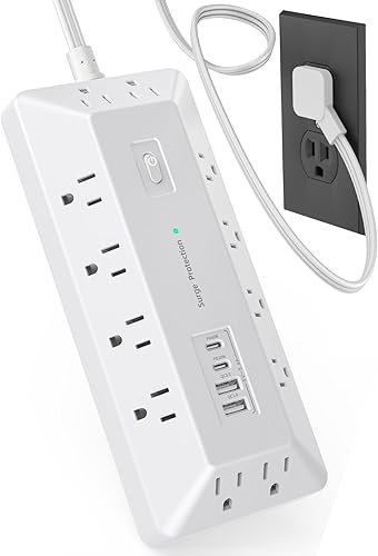 Miniatura 9 de Regleta protectora de sobretensiones, regleta de alimentación montable con 6 tomas espaciadas amplias, 2 USB-C 2 USB-A, enchufe plano, cable de