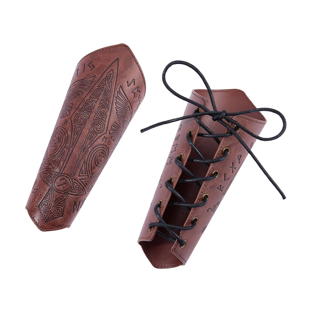 SUPERFINDINGS 2Pcs Medieval Leather Bracers Sward Pattern Embossed Viking Leather Bracers Saddle Brown Arm Guards Cosplay Costume Wristband for Historical Reenactments Halloween Cosplay Costume