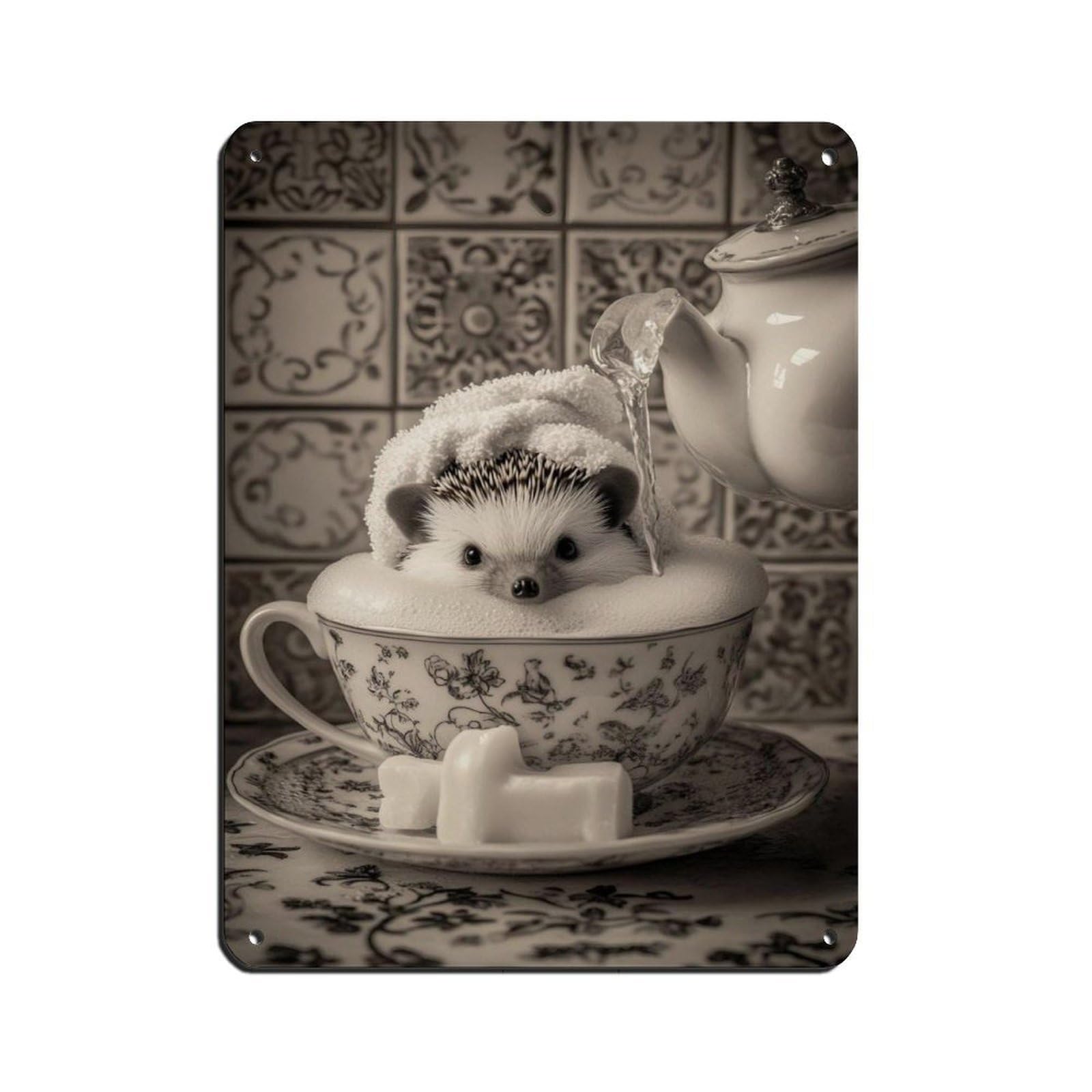 Adorable Hedgehog in Teacup Tin Sign Vintage Metal Pub Club Cafe Bar Home Wall Art Decoration Poster Retro 12x16inch(30x40cm)
