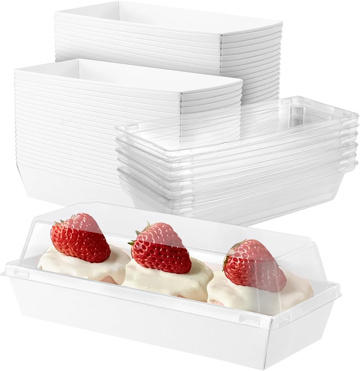 100 Set 7.5 x 3 x 2.5 Inch Charcuterie Boxes with Clear Lids, To Go Packaging Bakery Bread Sandwich Boxes, Rectangular Disposable Paper Storage Containers for Cake Slice Desserts Strawberry