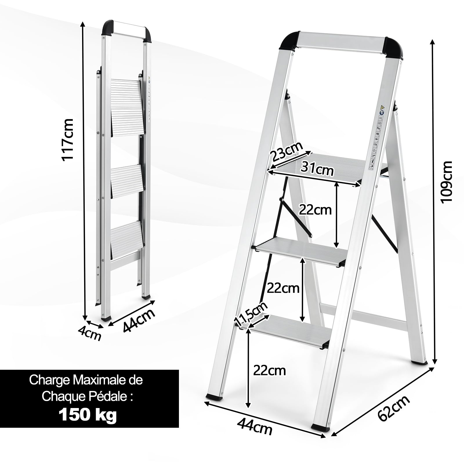 GYMAX Escabeau 3 Marches Pliable, Charge 150 kg, Marchepied en Aluminium, avec Pédale Large & Pieds Antidérapants, Portable & Léger, pour Maison, Bureau, Garage