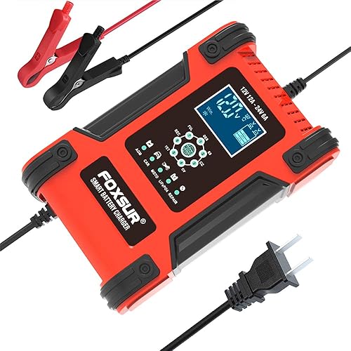 Miniatura 9 de FOXSUR - Cargador de batería inteligente de 12 V, 24 V, 12 A, para automóviles y camiones, carga totalmente automática de 7 etapas, pantalla LCD,