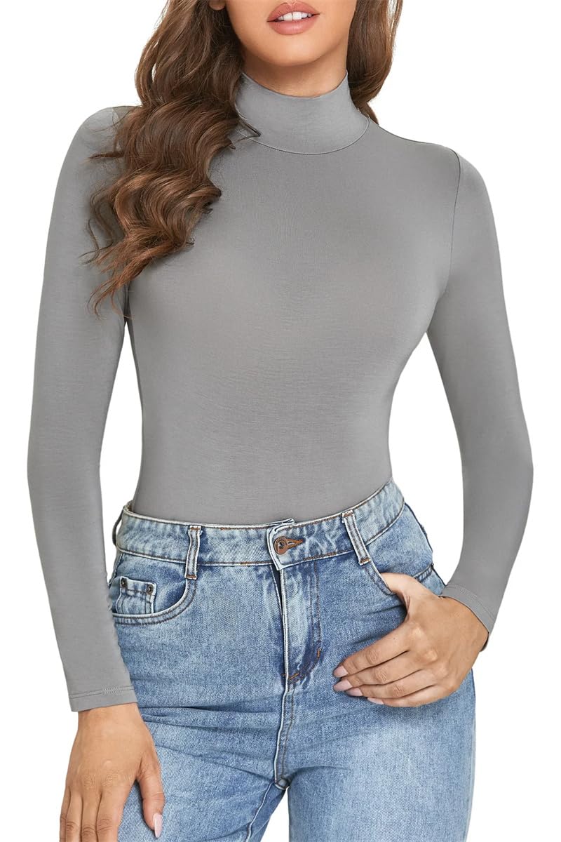 Dninmim Damen Rollkragen Langarm Bodysuit Tank Tops Shirts Solide Strampler Bodycon Stretch Jumpsuits