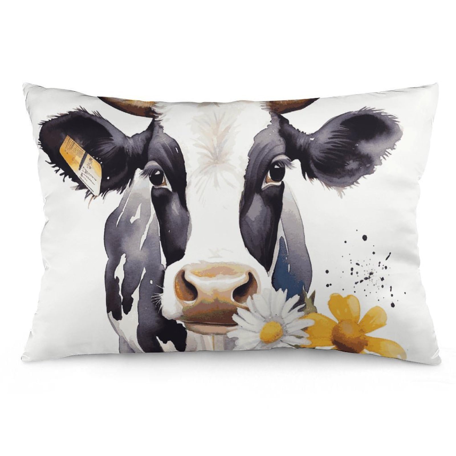 Velvet Pillowcases Standard Size 12 "x20, Ultra Soft Breathable Pillow Cases for Bed, Luxury Cozy Fuzzy Pillow Shams, Lumbar Pillow Cover, Watercolor Cow and Daisy Flower Cushion Case Home Decor
