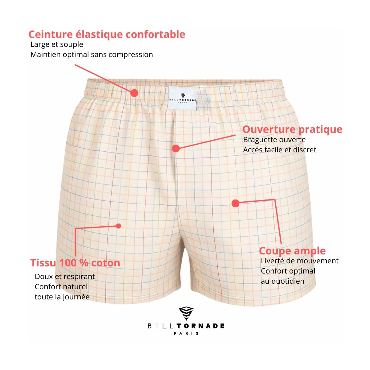 BILL TORNADE Lot de 6 Caleçons Homme 100% Coton -MOTIS ALEATOIRES– Caleçon Tissé Confortable, Coupe Ample, sous-Vêtement Homme Respirant Fantaisie