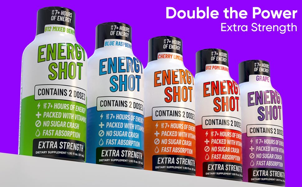 Image of Grape Extra Strength Energy Shot 48 pk - 260mg Natural Caffeine B12 B6 - Energy & Focus Support - 2 Servings Sugar Free Zero Calorie Green Tea B-Vitamins Electrolytes Vegan - 1.93 fl oz