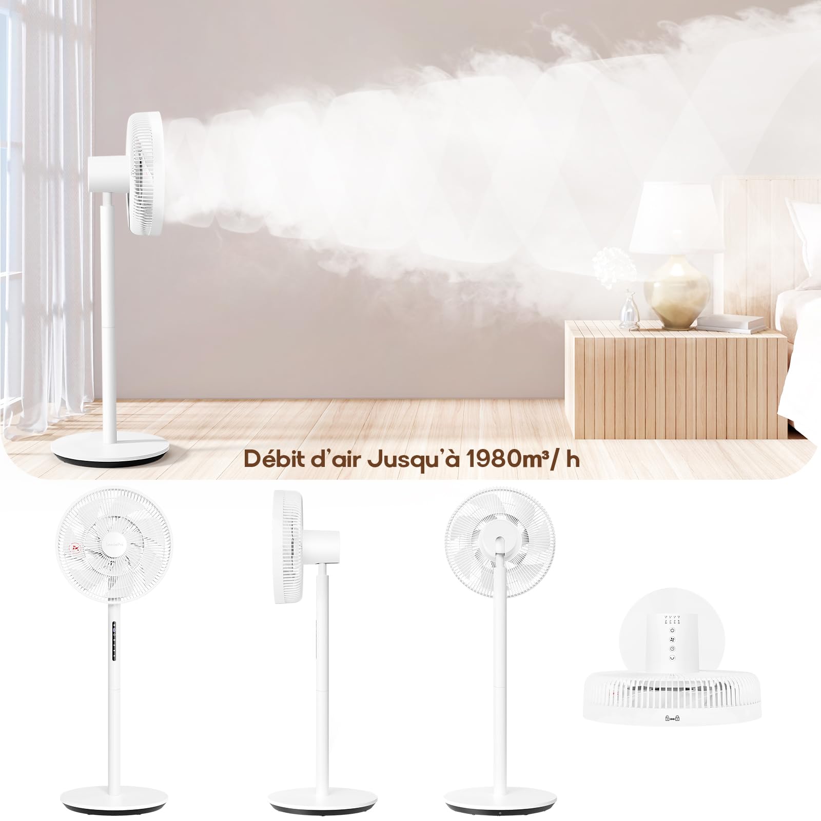 LeaderPro Ventilateur sur Pied Silencieux 12,8 dB avec Télécommande, Débit d'Air de 1980 m³/h, Double Lames Puissantes, Oscillation 120°, 8 Vitesses, Minuterie 8 h, Hauteur Réglable, Moteur DC, Blanc