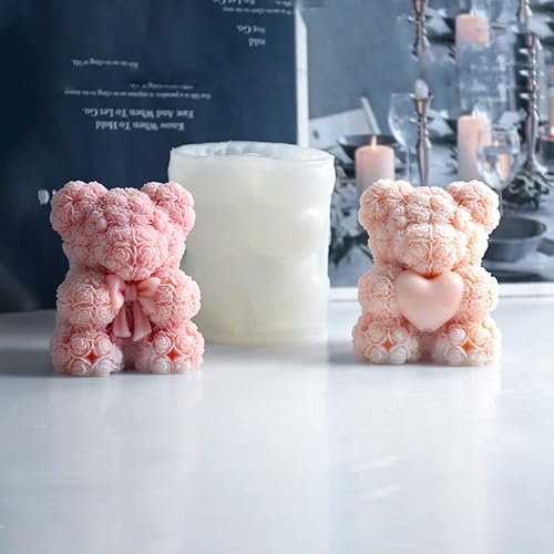 Miniatura 8 de Cestony Oso de rosas 3D para el día de San Valentín, boda, con pajarita, moldes de silicona para hacer velas, resina, pilar, aromaterapia, velas de