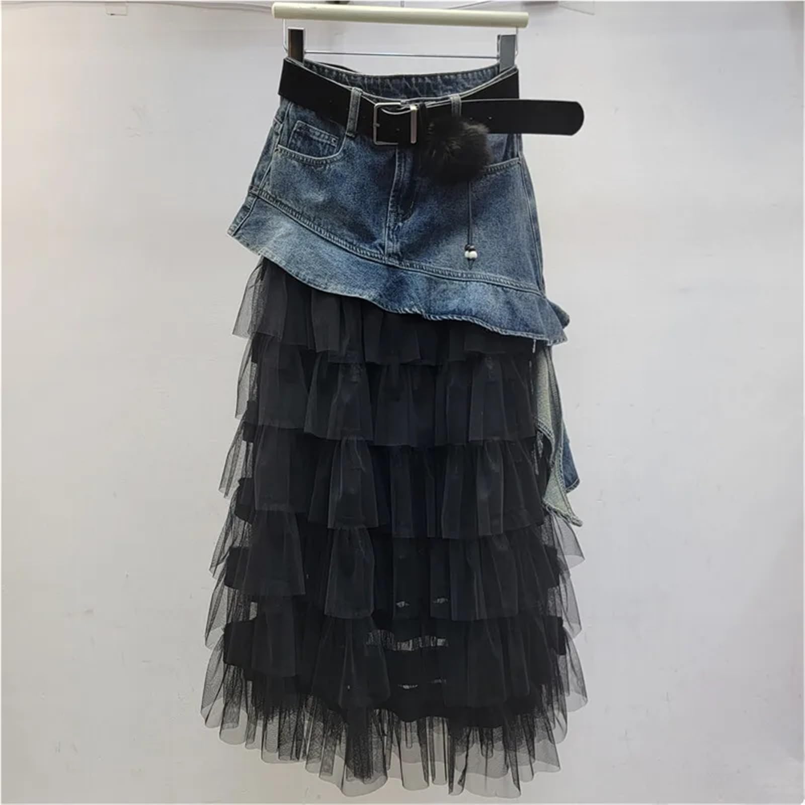 Denim-Rüschen, unregelmäßiges Patchwork-Mesh, mittellange A-Linien-Kuchenröcke mit hoher Taille for Damen