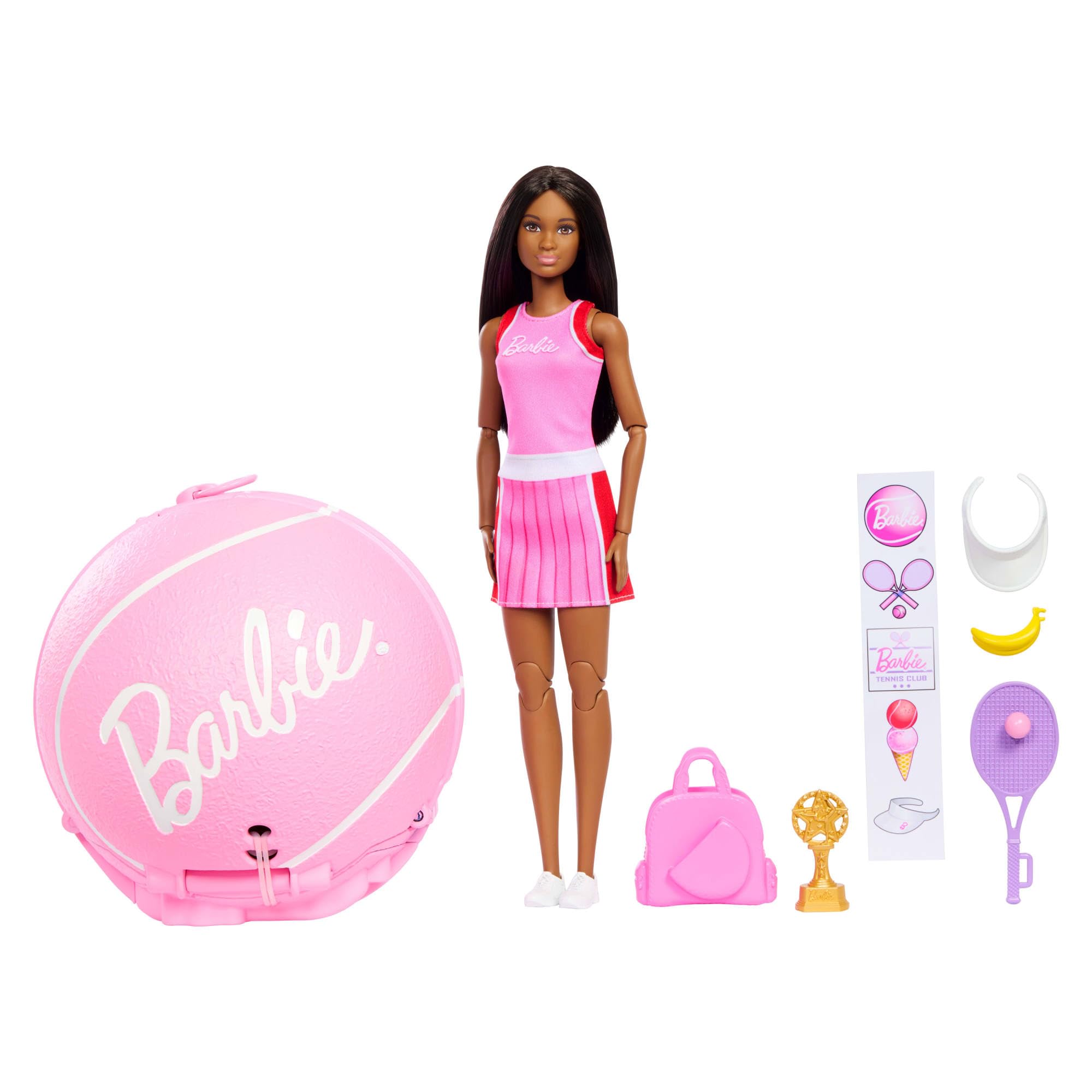 Barbie Team Roll and Reveal Tennis Player Doll and Accessories with Brunette Fashion Doll & 8 Surprises and a Tennis Ball Encasement, JMY56