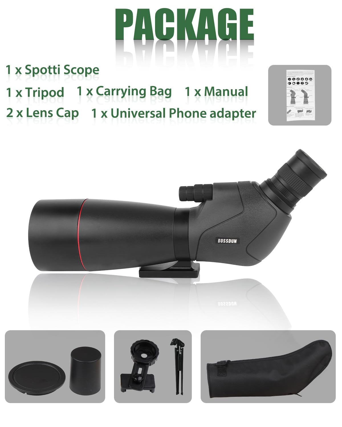 Cannocchiale Zoom ad Alta Potenza con Adattatore per Telefono, Treppiede, Borsa, Oculare Angolato 45°, per Tiro al Bersaglio, Osservazione Uccelli e Caccia (black)