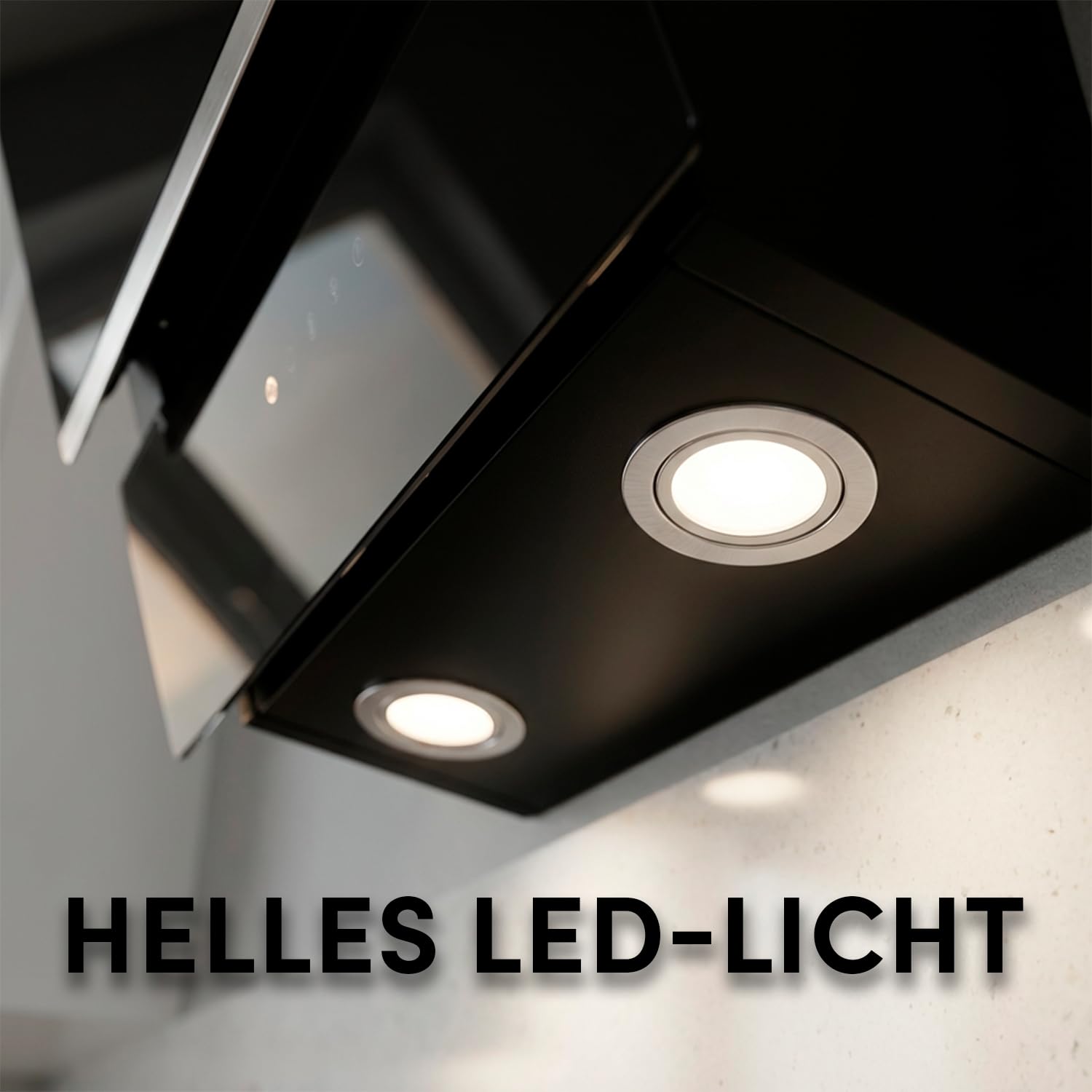 Thermex Glasgow 60 - Dunstabzugshaube 60 cm, Kopffrei, Schwarz | Schräghaube, Glas-Touch, 3 Stufen, 180-543 m³/h, 43-64 dB, 2 LED-Lampen, Alufilter, Ø150 Abluft/Umluft