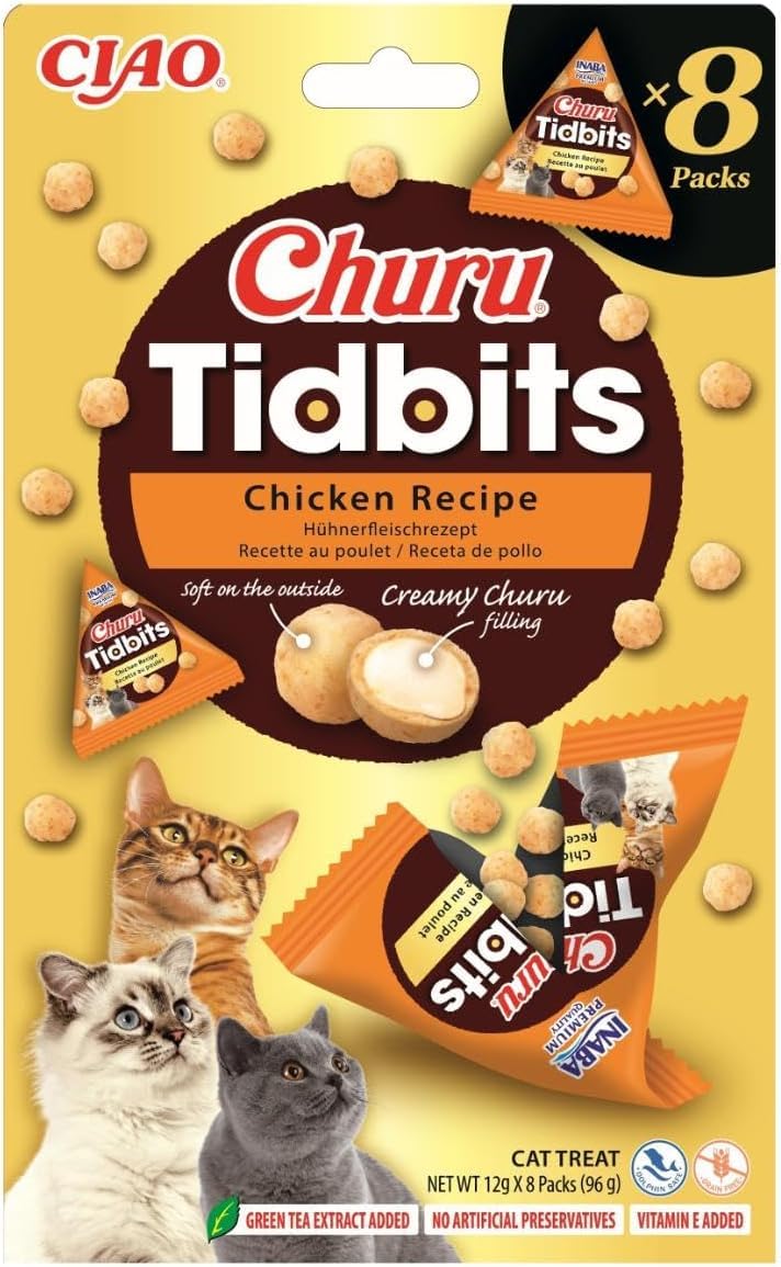 Churu Tidbits by INABA: Chicken Recipe (8 x 12g) / Soft & Chewy Churu Filled, Baked Cat Treats with Taurine & Green Tea Extract, Delicious & Healthy Snack, Training Treat, Natural, Grain Free