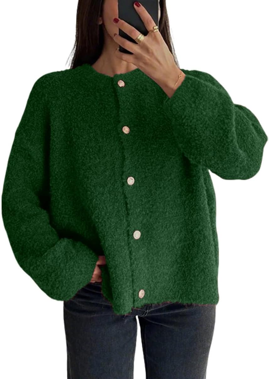 CHARTOU Women Fuzzy Knit Sweater Long Sleeve Crewneck Loose Open Front Cardigan Tops
