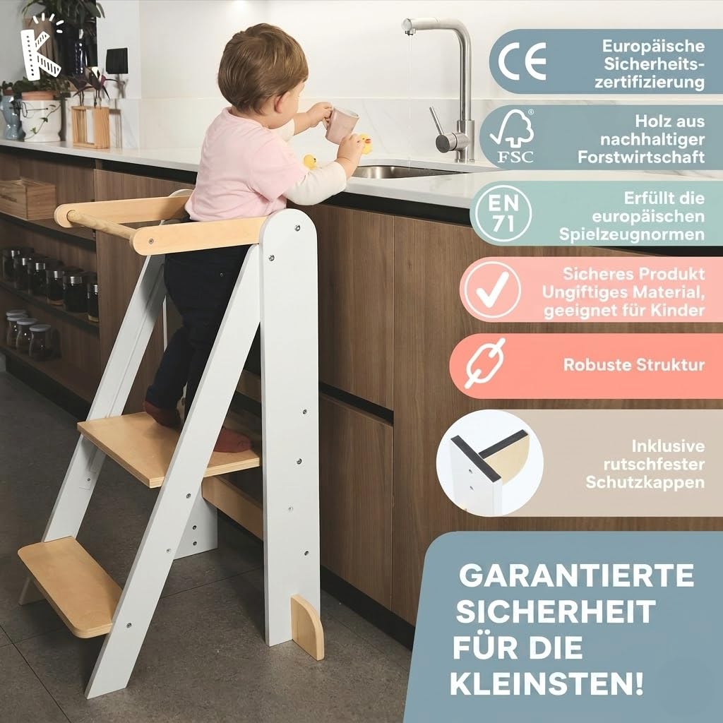 Lernturm ab 1 Jahr Klappbar, Lernturm Klappbar mit 2 Höhen, Abnehmbarer Tafel, nordisches Design, Kippschutz – FSC-Holz – Marke mit Engagement für globale Wiederaufforstung