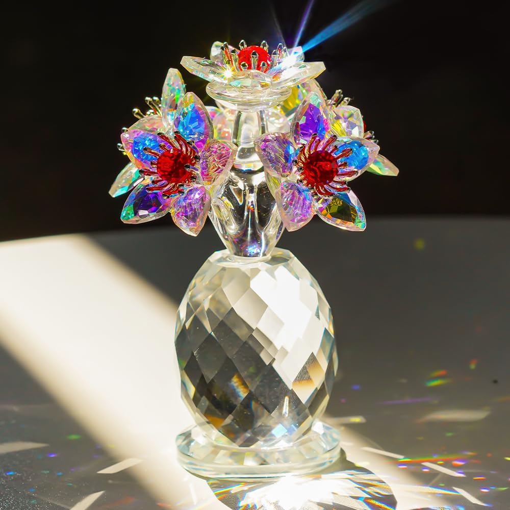 Iridescent Crystal Flower Figurine Collectibles for Women AB Color Glass Flowers Ornament Collection Crystal Christmas Decoration for Home Office