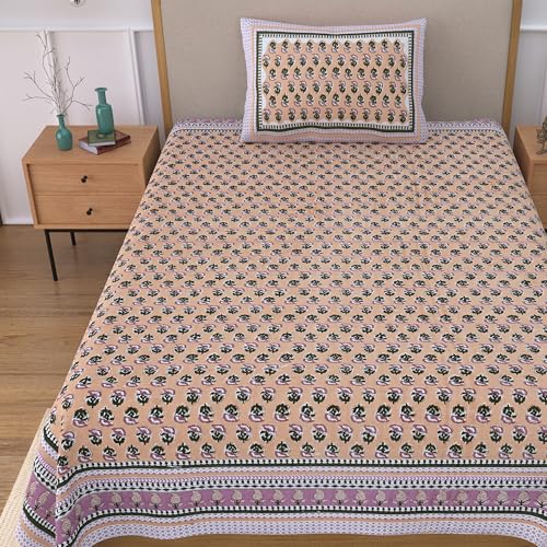 Image of 100% Cotton Single Bedsheet with 1 Pillow Cover | 240 TC Pure Cotton Flat Bed Sheet | Traditional Jaipuri Printed Bedding Set | Soft & Breathable | 60 x 90 Inch (Rangmahal Single 19)