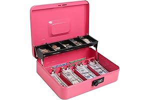 Pink Colored Cash Box With Lock and Money Tray Designed to Secure Your Valuables