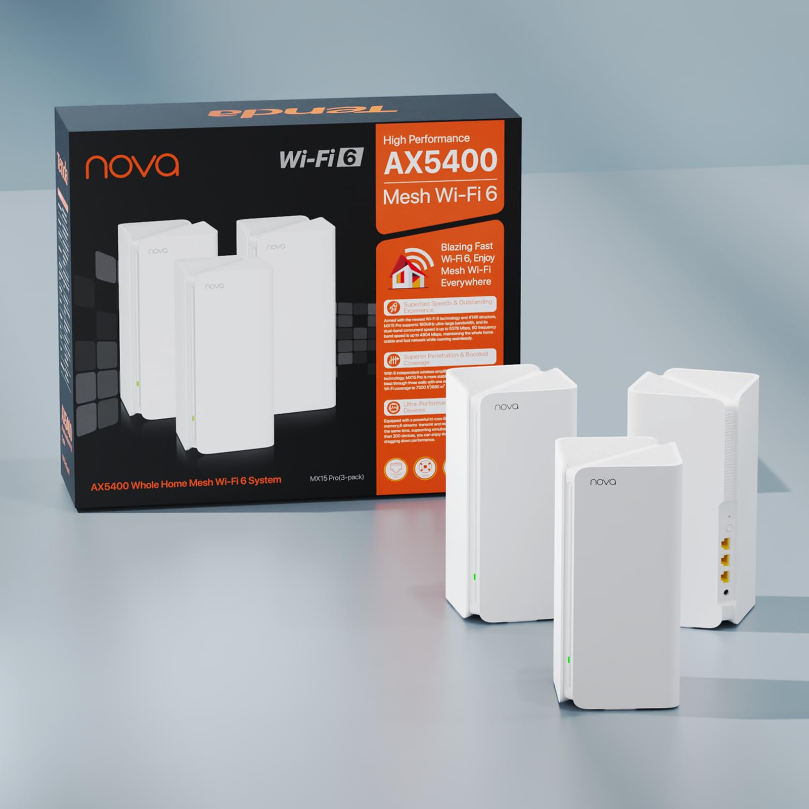 Tenda Nova Mesh MX15 Pro(3 Paquet) WiFi 6 AX 5400Mbps - Système Mesh WiFi 6 - Couverture de 360㎡(4200ft²) - Installation Facile - Rapport de Test de Vitesse - 200 appareils connectés