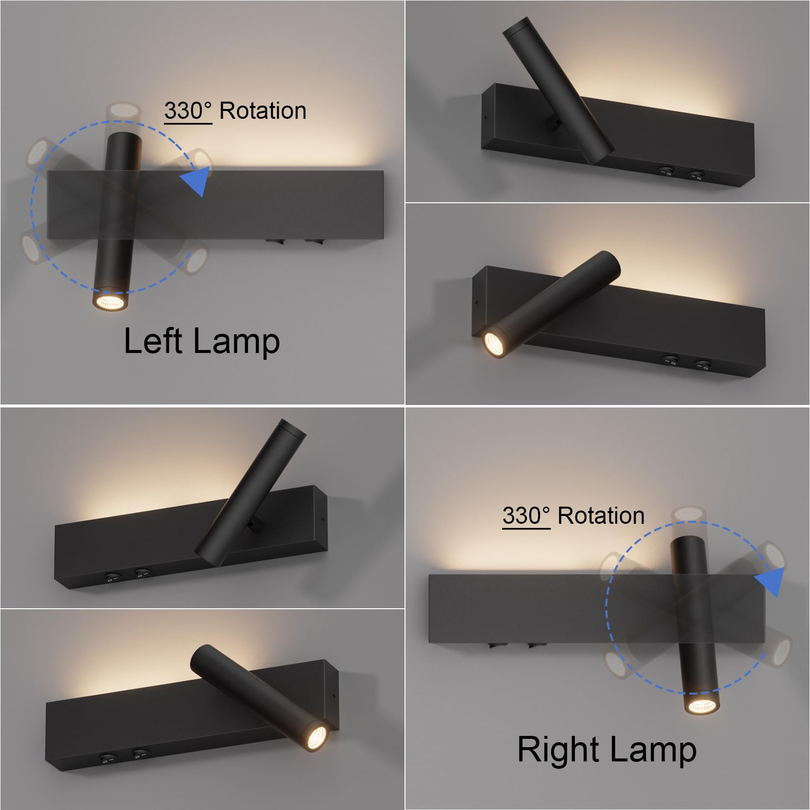 Klighten 2 Stück LED Wandleuchte Innen, 3W+3W Wandleuchten 2 flammig, 3000K Wandlampe mit 2 Schalter, Rundes Wandstrahler 330°Drehbar /60°Verstellbarer, für Schlafzimmer, Aluminium, Schwarz, Warmweiß
