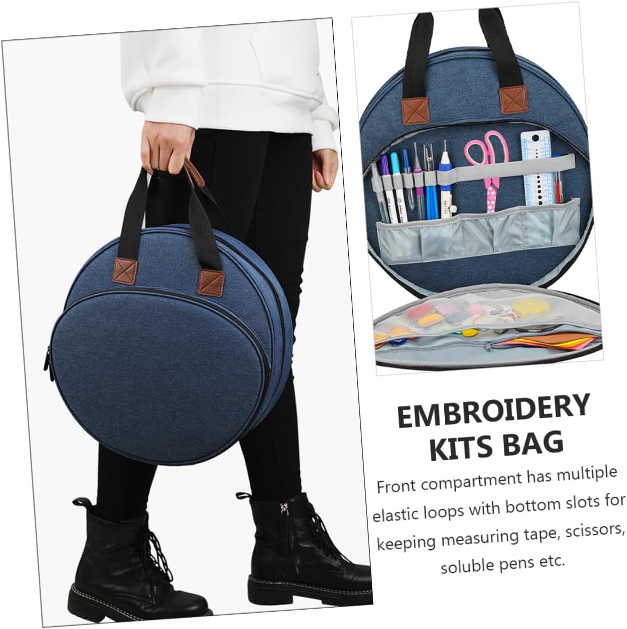 MUELODSIC Embroidery Project Tote Bag for Crafting Multi-Pocket Storage Bag for Sewing Supplies Portable Embroidery Tool Carrier Handles for Beginners and Adults