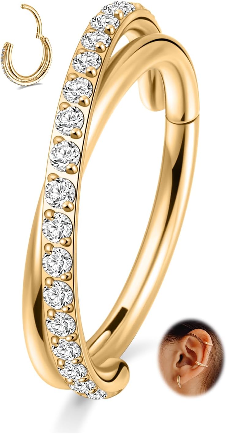 FUNLMO 316L Surgical Steel Tragus Helix Rook Conch Daith Piercing Jewelry Cartilage Hoop Earring Cube Zircon Hinged Nose Ring Hoop