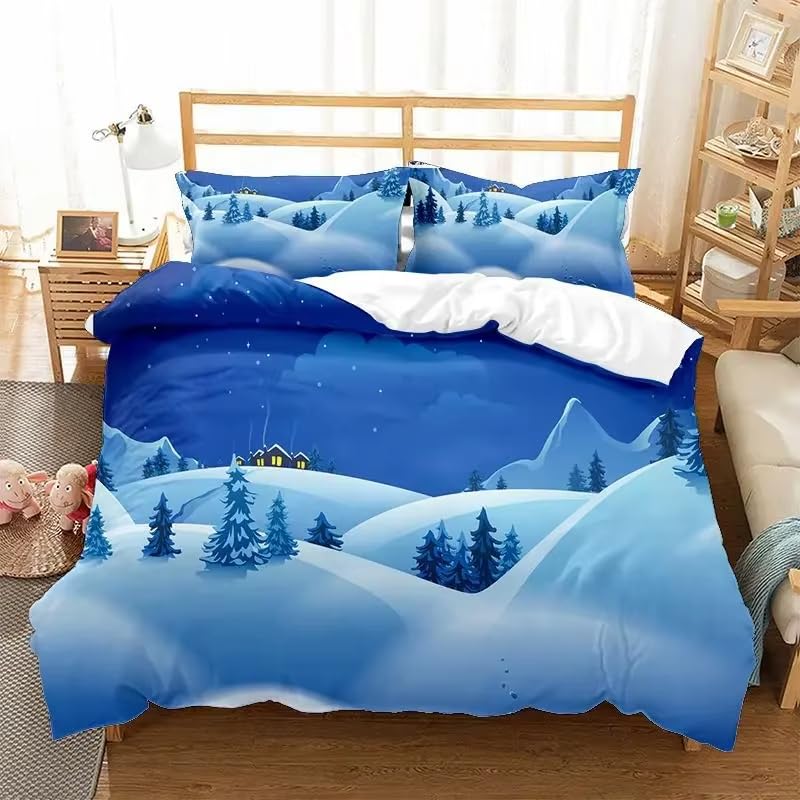 Housse de couette Noël 200x200 cm avec taies imprimé chalets bleu foncé