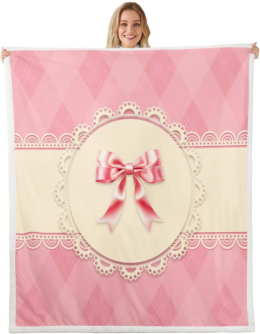 Cartoon Bow Fleece Blanket,Kawaii Princess Bowknot Fairy Tale Bed Blanket for Kids Teens,Geometric Pink Stripes Patchwork Romantic Flannel Blanket for Room Decor,Queen 90"x90"