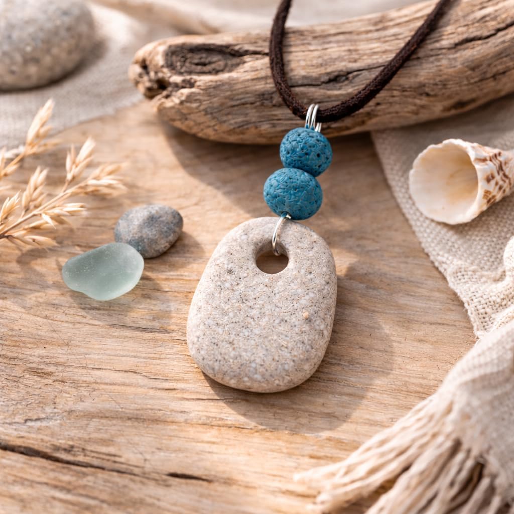 Holed Hag Stone Pendant, Womens Witch Amulet Necklace With Turquoise Lava Beads