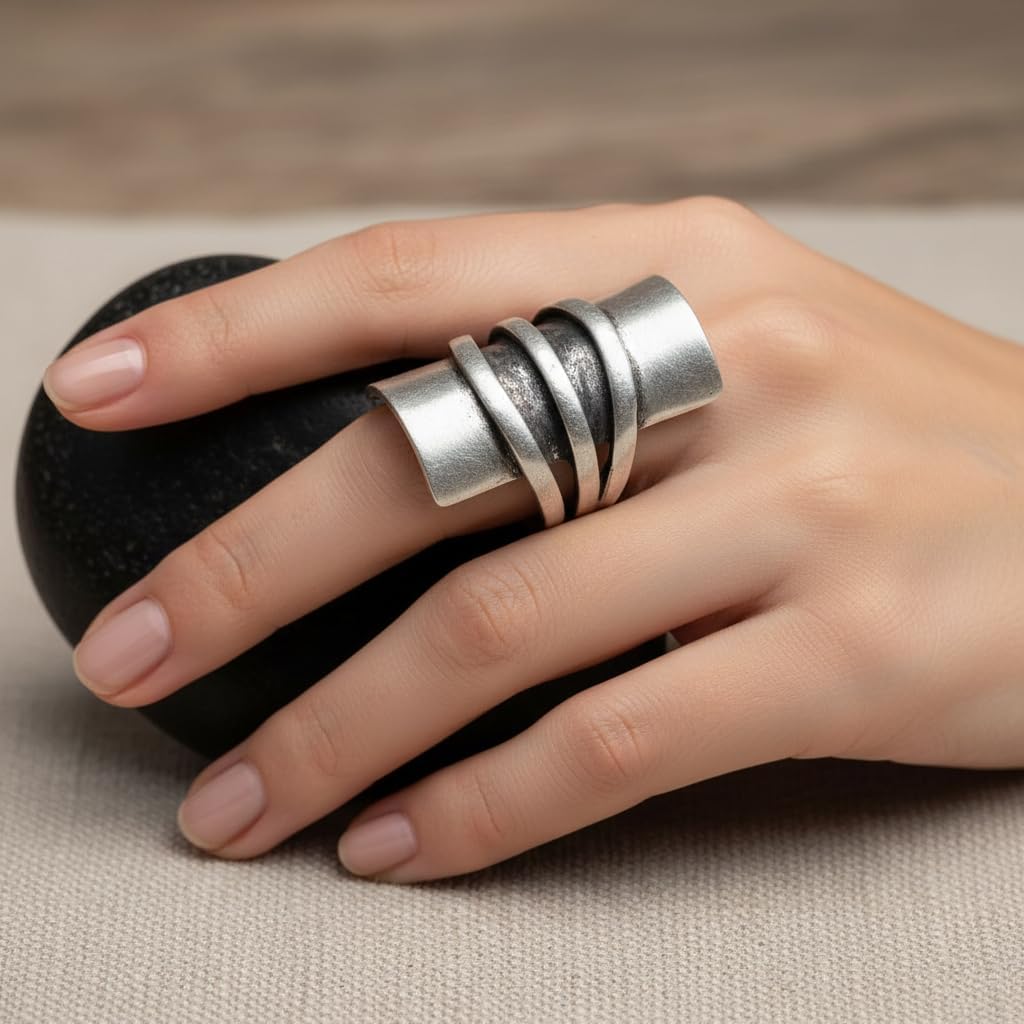 Boho Statement Ring for Women, Silver Plated Pewter