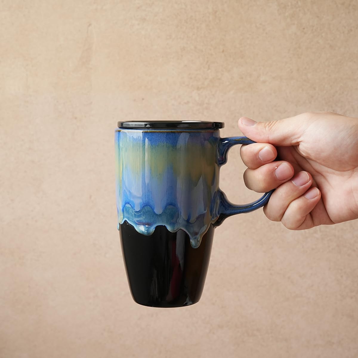 Bosmarlin Ceramic Travel Coffeel Mug with Handle and Lid, 18 oz, Portable Coffee Cup for Car Cup Holder, Microwave and Dishwasher Safe, Reactive Glaze (Blue) - Image 7