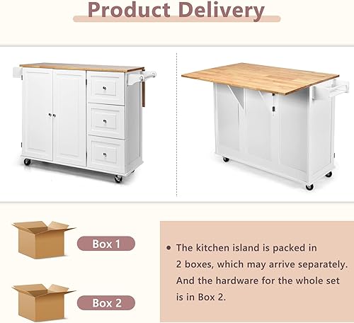 Miniatura 9 de LOKO Carrito de isla de cocina con hoja caída, isla de cocina rodante sobre ruedas con encimera de madera de goma, toallero, cajones, isla de cocina