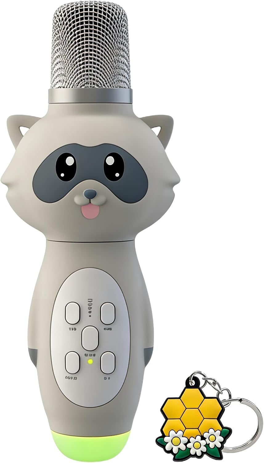 Karaoke Microphone for Kids -Pet Children's Microphone+Gift 2pcs Cartoon Keychains，Karaoke Singing EarlyEducation Integrated Bluetooth Microphone,Player for Party Travel Gifts (Raccoon - Blue)