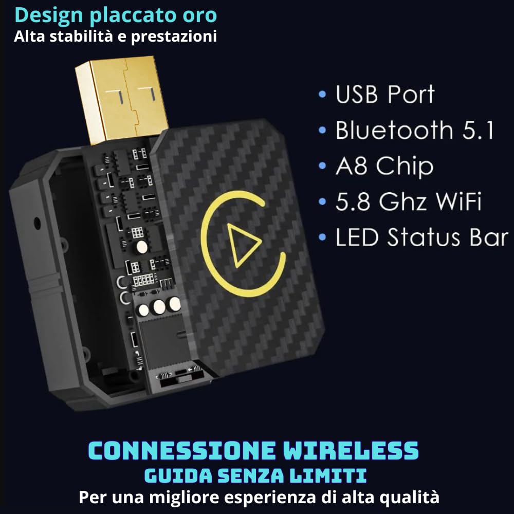 soleilx Adattatore Carplay Wireless & Android Auto Wireless 2 IN 1, Converte Android Auto/Carplay da cablato in WIFI, Supporta iOS 10+ e Android 11+, USB C/A, Plug & Play Mini Nero
