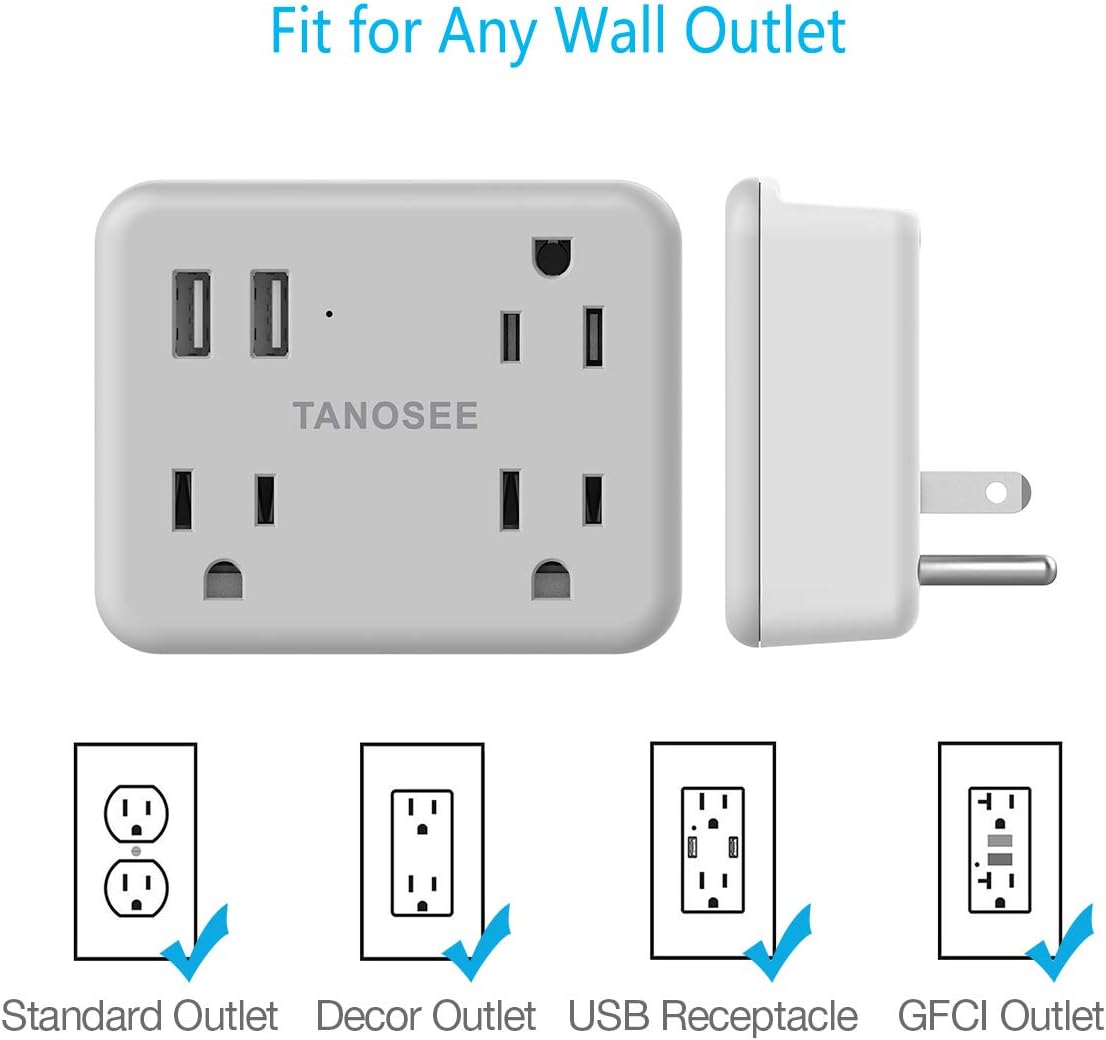 Multi Plug Outlet Extender with 2 USB, TANOSEE Electrical 4 Outlet Plugs Splitter Wall Charger, Multiple Power Expander for Cruise Dorm Essentials, Home, Office