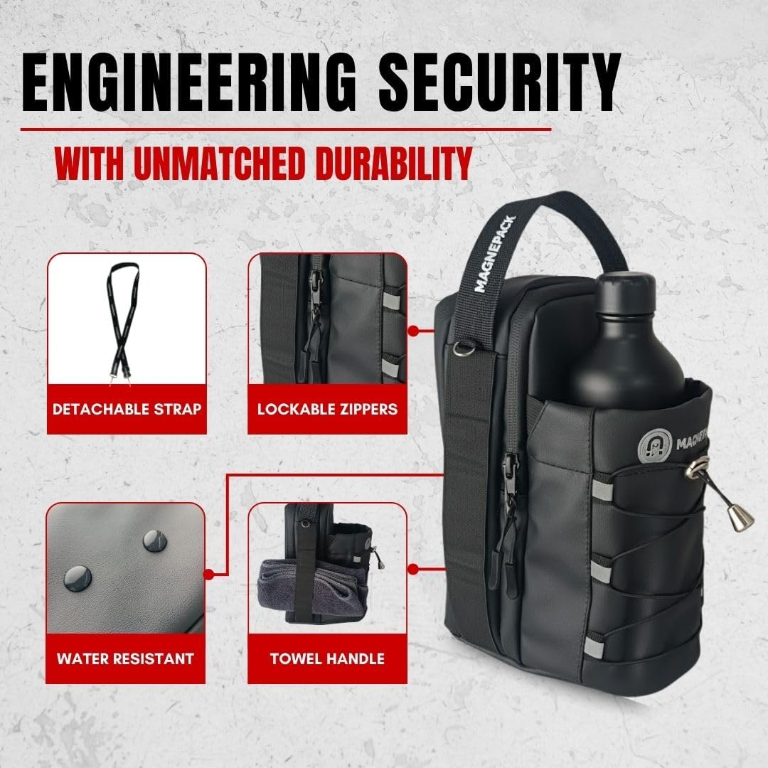 Magnepack Magnetic Gym Bag with Bottle Holder – Heavy-Duty Water Bottle Sling with Hook Strap, Multiple Pockets, Fits Most Racks - Image 3