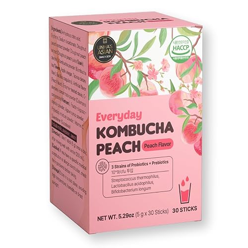 Unha's Everyday - Té Kombucha en polvo con sabor a durazno, 0.18 oz x 30 sobres (5.29 onzas), probióticos, prebióticos, sin azúcar, té negro, con